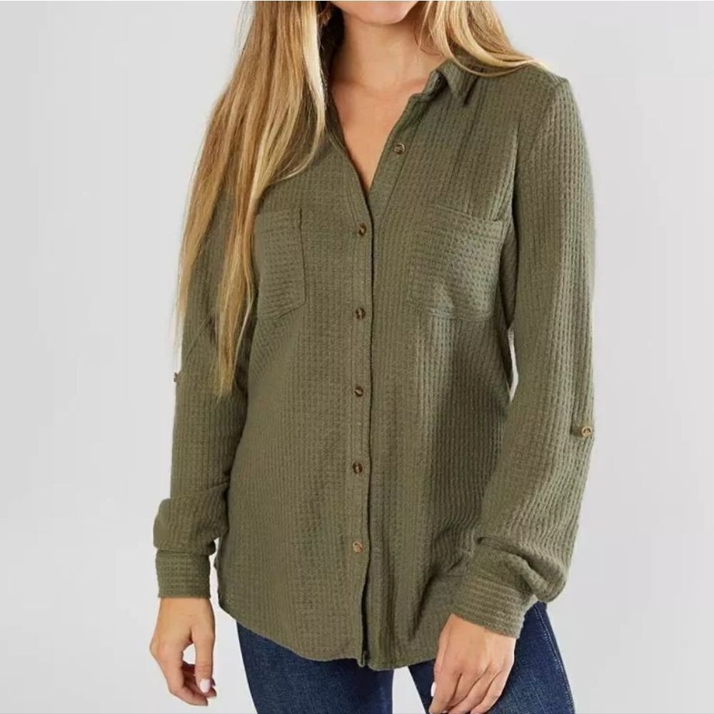 Buckle Daytrip Women's Olive Brushed Waffle-Knit Long Sleeve Top